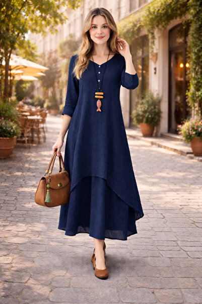 Toridas Casual Two-Layer Navy Blue Dress