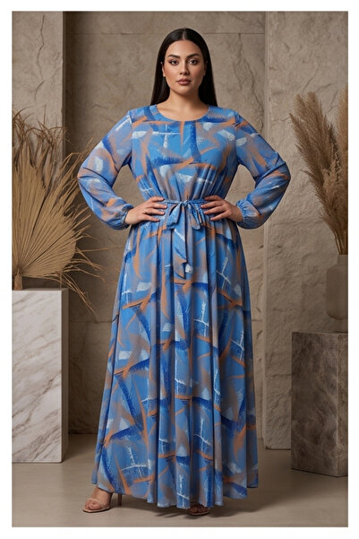 gökçesu Women's Plus Size Long Sleeve Lined Flowy Flounce Maxi Long Chiffon D...