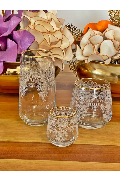P&ORA PREMIUM KITCHEN PRODUCTS 18 Parça Gerçek Yaldızlı Dantelli Gold Su Takı...
