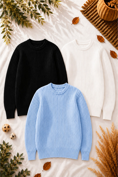 legends butik Men's 3-Piece Premium Ribbed Knitwear Sweater Set Crew Neck Sli...
