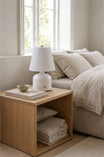 Vadi Decorative White Pleated Table Lamp with Lampshade - Bedroom Night Light