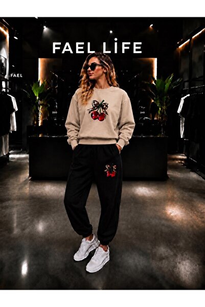 FAEL LİFE Unisex Wide Cut Zero Neck and Sweatpants Set with Cherry Ribbon Print
