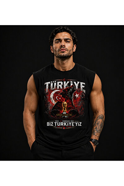 ENB1R MODA Erkek Sıfır Kol Kurt Figürlü Türkiye Temalı Baskılı Premium Spor A...