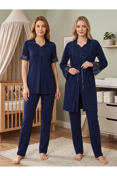 Lohusa Homewear New Season Navy Blue Stylish Lace Detailed Design with Breast...
