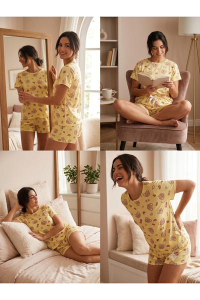 PIOVE طقم بيجامة نسائي من Sweet Bear مكون من شورت قطني منقوش على شكل دب