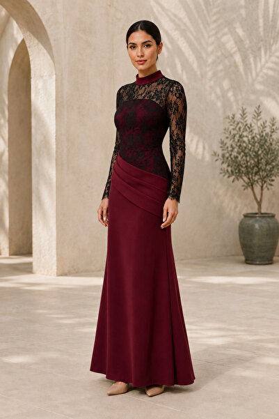 Adel Center Women's Burgundy Maxi Lace Black Long Sleeve Stand Collar Evening...