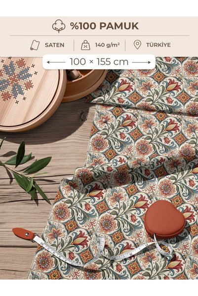 FabricsTown 100% βαμβακερό σατέν ύφασμα 100x155 εκ. Κρεμ πλακάκι δαπέδου μπλε...