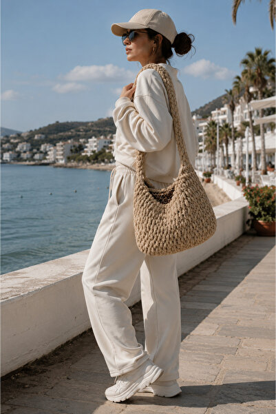 HEDYONE Women's Shoulder Bag Beige |   Hand Knitted Shoulder Bag |   Bohemian Puffy Daily Bag