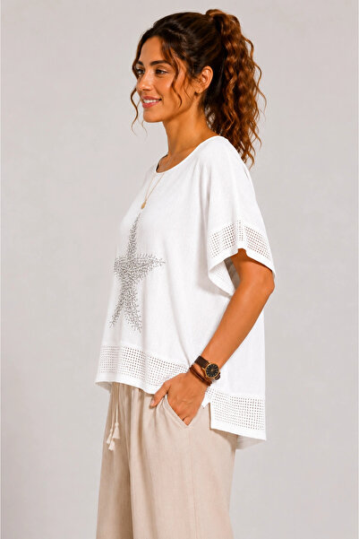 MetuCA Women's White Linen Sequined Star Detailed Bohemian Loose Mercerized B...