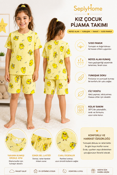 SeplyHome Kız Çocuk %100 Pamuk Civciv Desenli Kısa Kollu Şortlu Pijama Takımı