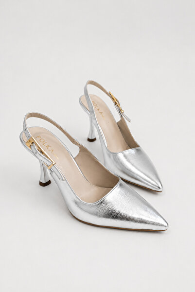 POLKA STORE Saint Gold Metal Buckle Detailed Pointed Toe Back Open Stiletto E...