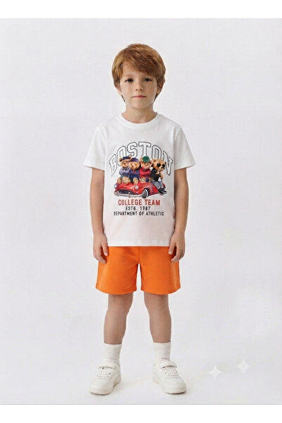 LİTTLE TORTOİSE Boys' Boston Printed Crew Neck T-Shirt and Shorts Set