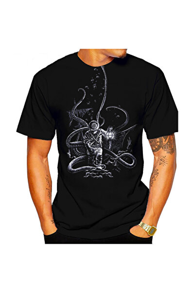 ScubaPromoTurkey Old Scuba Diver Octopus Visual Print Black Cotton T-Shirt