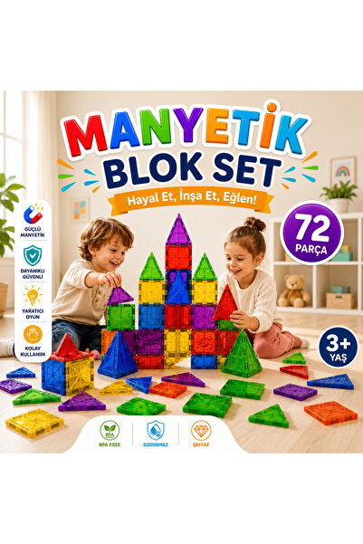 ebatoys 72 Parça Manyetik Yapı Blokları - Çocuklar için Renkli 3 Boyutlu Kare...