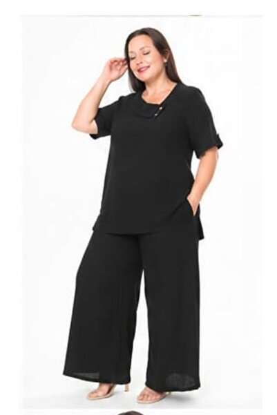 Truva XXL Plus Size Black Muslin Fabric Wide Leg Suit