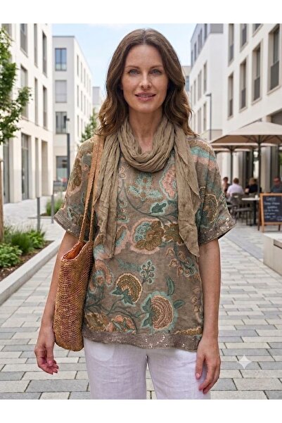 AYASOFYA OTANTIK Women's Italian Sprout Flower Patterned Loose Blouse with Se...
