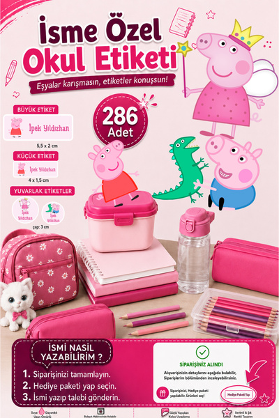 Sim Tasarım Peppa Pig Okul Etiketi Kalem Defter Etiketi Özel İsim Yazılabilen...