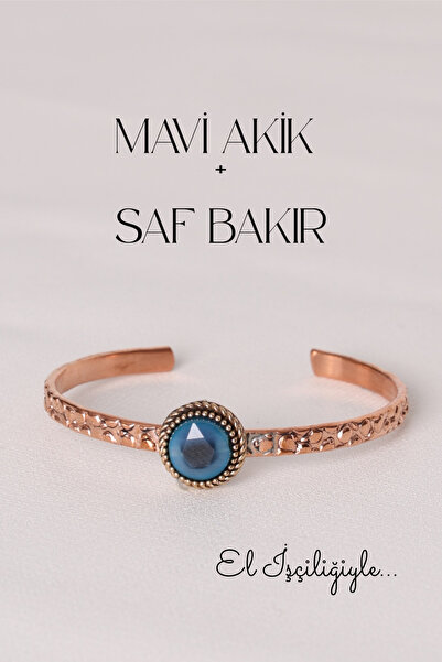 Store Mavi Akik Taşlı Doğal Taş Saf Bakır El İşçiliği Bilezik