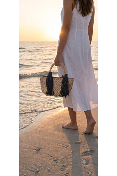 Nevhan Sanat Wicker Handbag Black Tasseled Summer Women's Bag