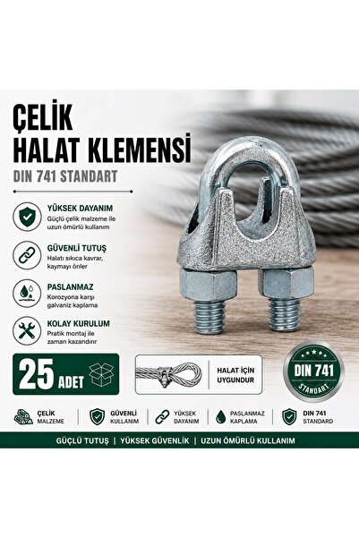Trendhane 25 Adet Galvanizli Çelik Halat Klemensi, DIN 741 Tel Halat Sabitlem...