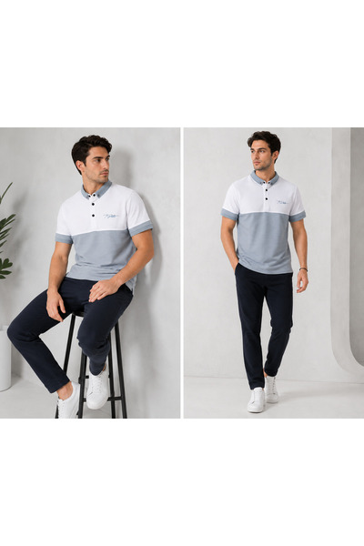 MASTIFF Erkek Polo Yaka Tişört Beyaz Gri | Çıt Çıt Düğmeli Slim Fit Yazlık Do...