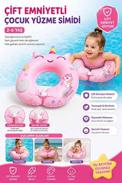 BigsToy ToyFlyer Çift Emniyetli Unicorn Çocuk Yüzme Simidi 2-6 Yaş Pembe AR003