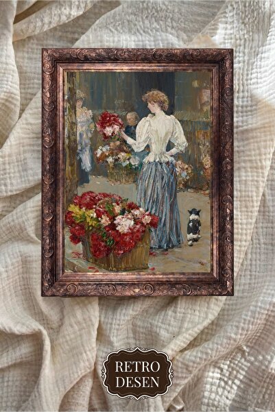 Retro Çiçek Pazarında Kadın ve Küçük Köpek Çerçeveli Vintage Sanat Tablosu (0...