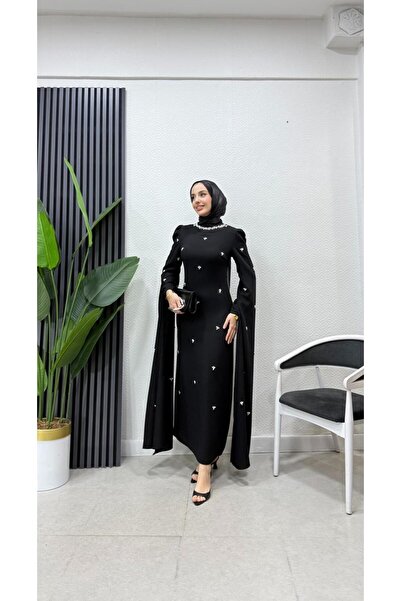 moda crn Taş İşlemeli Pelerin Kollu Tesettür Abiye