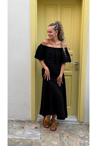 Kadın %100 Keten Madonna Yaka Uzun Elbise