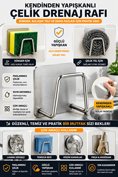 Hane Dostu Çok Amaçlı Kendinden Yapışkanlı Sünger ve Bulaşık Teli Askılığı Pa...