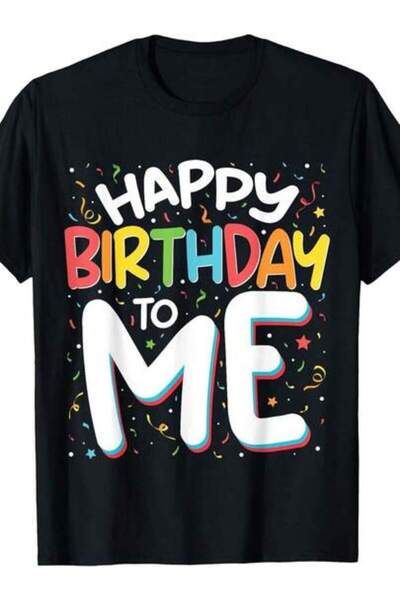 KYMC07 تي شيرت برسومات Happy To Me - تي شيرت أسود احتفالي مع زخارف ملونة وخط ...
