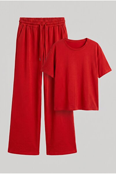 NOTHING Relaxed Fit Stretchy Knitted T-Shirt and Wide-Leg Sweatpants Set Evtk...