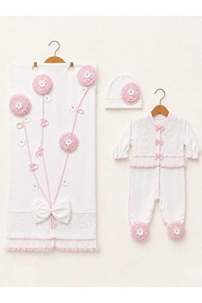 Kardeşler Bebe Flower Embroidered Baby Girl Blanket Overalls Set of 3