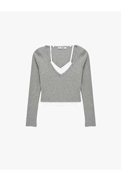 Koton V-Neck Buttoned Long Sleeve Layered Camisole T-Shirt