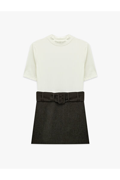 Koton High Neck Belt Detailed Short Sleeve Blocky A-Line Dress