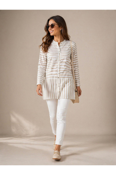 Sementa Hakim Collar Striped Tunic Shirt - Mink