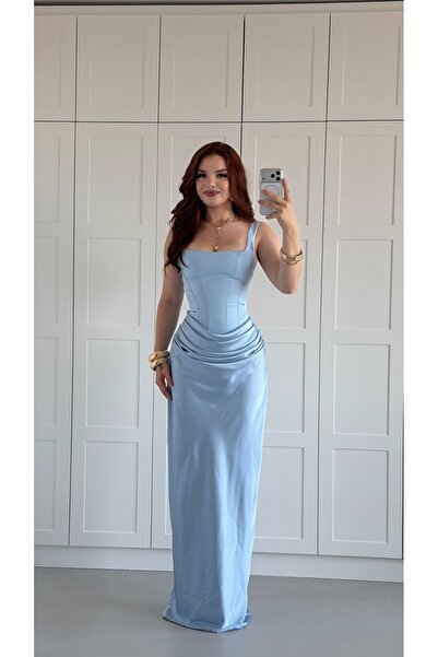 AYŞENUR DİNÇER Sofia Drape Saten Uzun Elbise Bebe Mavisi