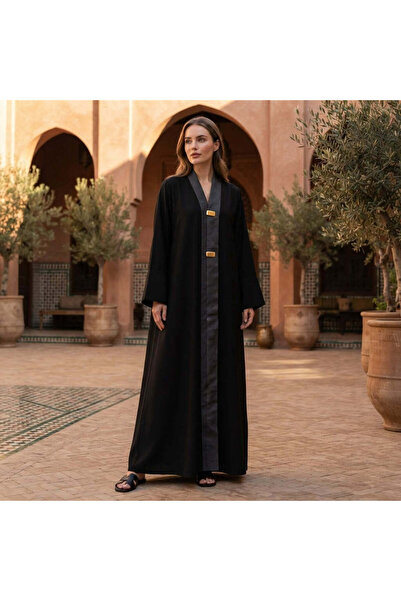 Generic Women's Black Abaya with Gold Hardware & Patterned Trim