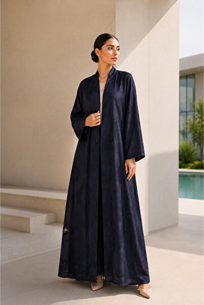 Generic Navy Blue Jacquard Satin A-Line Open Front Abaya