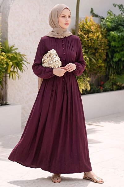 InStyle Nervürlü Düğmeli Mürdüm Elbise