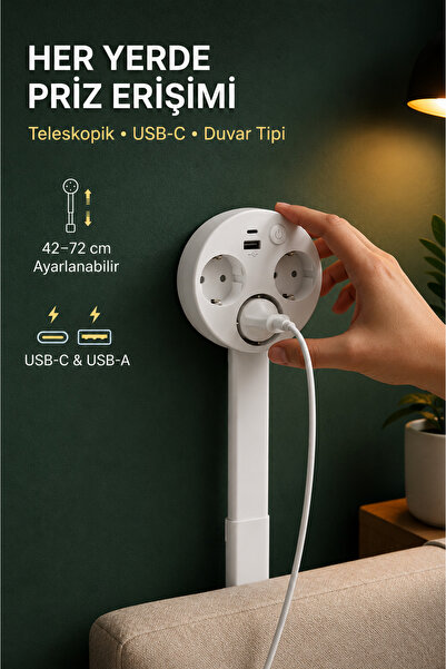SAYMOND Teleskopik Çoklu Priz, 3’lü Topraklı + USB-C & USB-A, Yükseklik Ayarl...