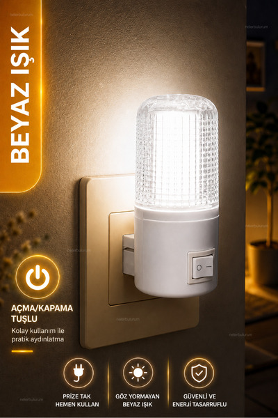 nelerbulurum Prize Takılan Açma Kapama Tuşlu 1 Watt LED Gece Lambası Beyaz Iş...