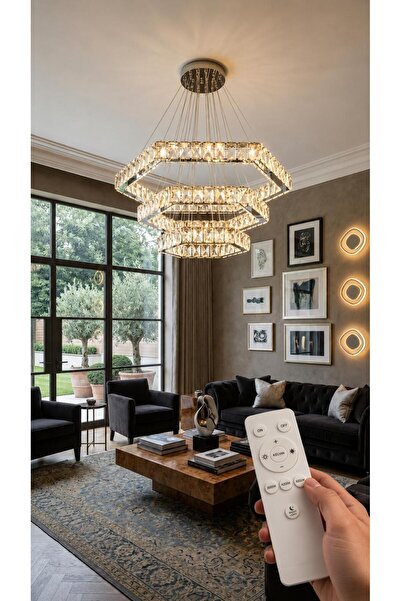 Lunexa Kristal Taşlı LED Avize Sarkıt 3 Renk Kumandalı Işık Cam 3 Katlı Altıg...