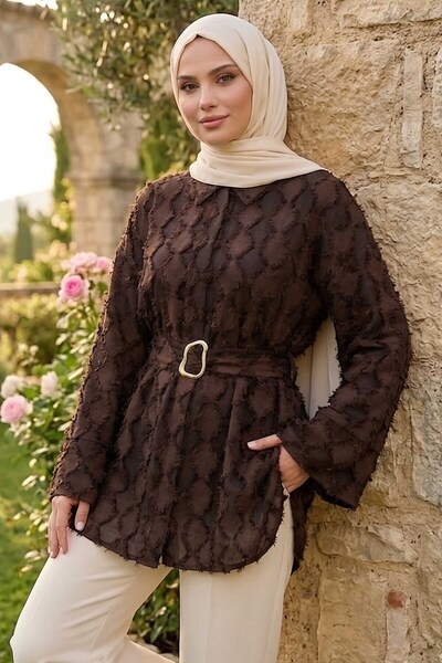 TOFİSA Tasseled Belted Tunic Brown - 28723-Brown