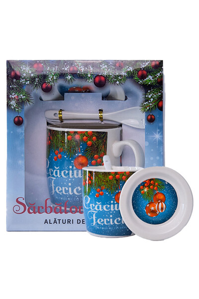 velve Set cana din ceramica cu lingurita si farfurioara, in tematica de Craci...