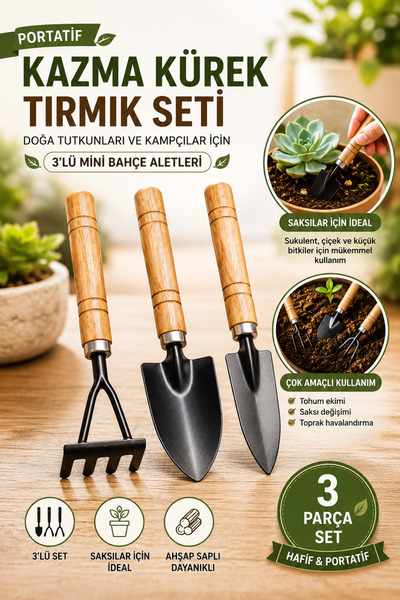 Hane Dostu Mini Bahçe Alet Seti 3 Parça (Kazma Kürek Tırmık) Ahşap Saplı Saks...