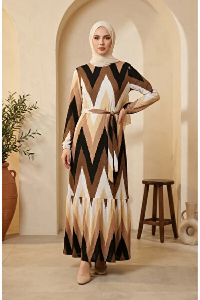 sefamerve Bürümcük Fabric Zigzag Patterned Hijab Dress 0580A-03 Brown Black
