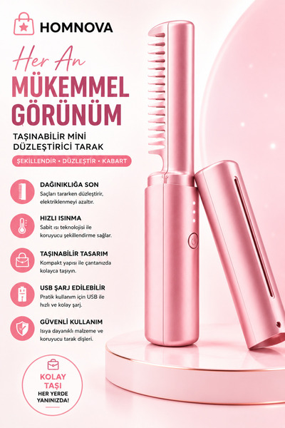 Homnova Şarjlı Mini Saç Düzleştirici Tarak USB Taşınabilir Kablosuz Kullanım ...