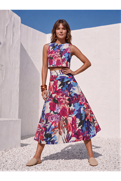Catz Clothes Fuşya Mavi Çiçekli Midi Etek ve Kolsuz Crop Bluz Takım