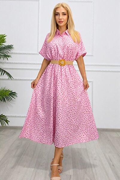 FashionForYou Casual midi dress EVELISSE, with shirt collar and textured belt...